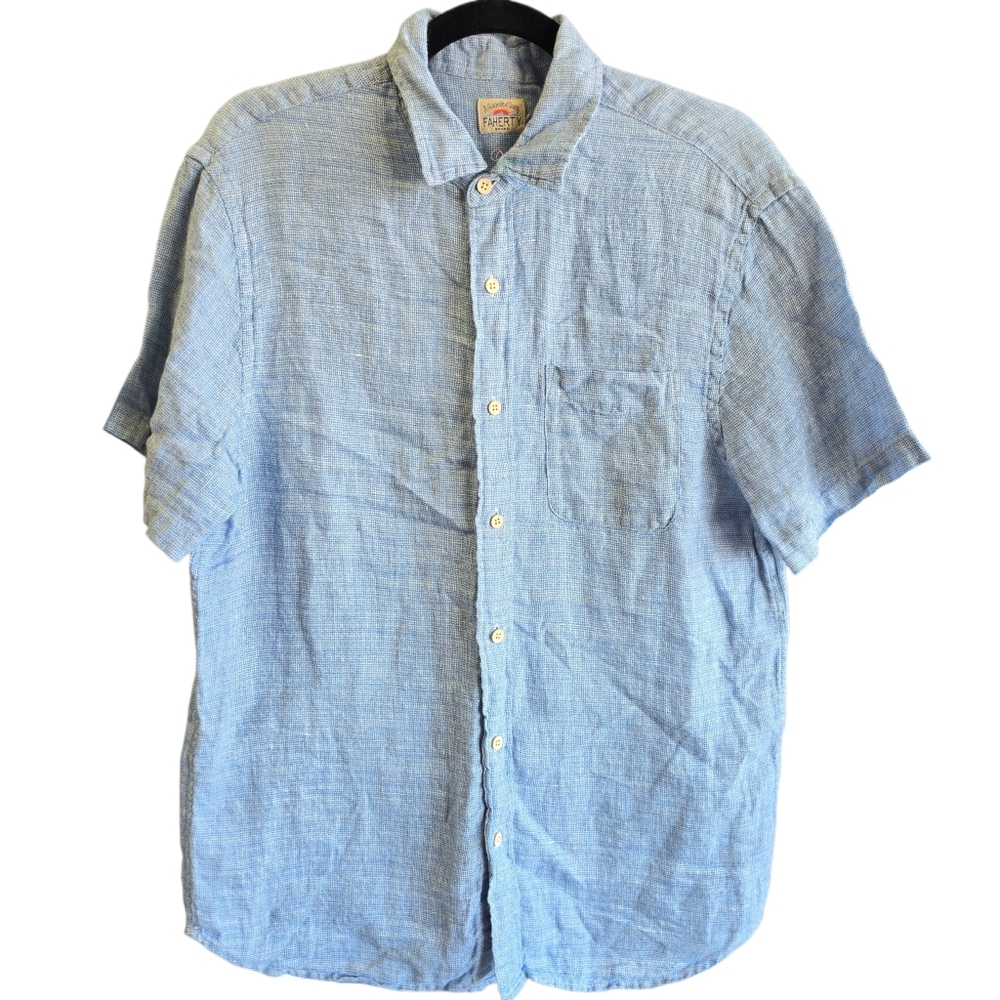 Faherty Men's Ss Palma Linen Shirt, Blue Basketweave S/M See Msmts Summer Casual